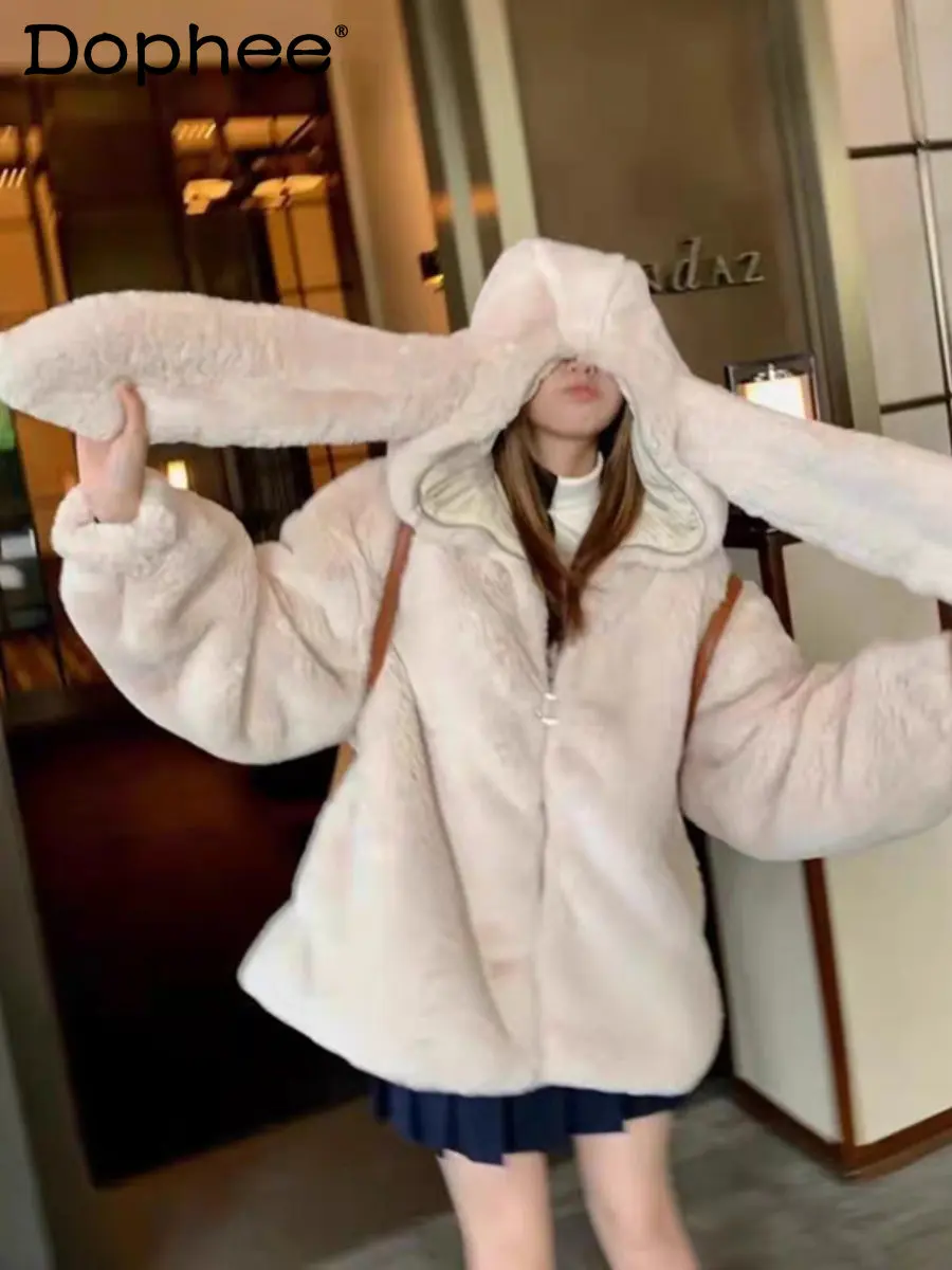 

Милое плюшевое пальто с кроличьими ушками для женщин, новинка осень-зима 2023, японская Милая утолщенная теплая пушистая хлопковая куртка с имитацией кроличьего меха