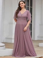 plus size elegant womens dresse long a line short sleeve tulle with deep v neck gown 2022 ever pretty of bridesmaid women dress