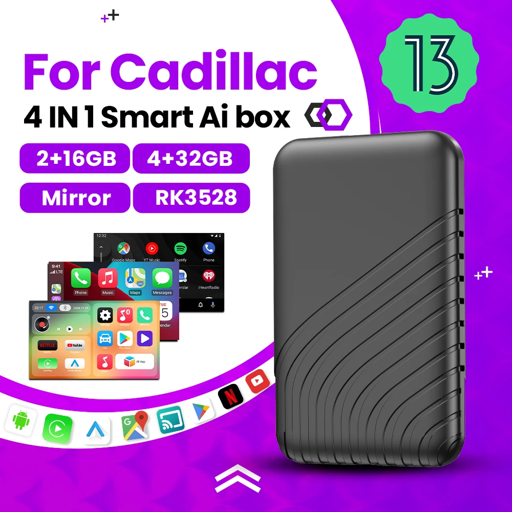 Android 13 беспроводной carPlay Auto Mirror Ai Box для Netflix Youtube Cadillac ELR ATS CTS CTS‐V CT6 XTS XT5