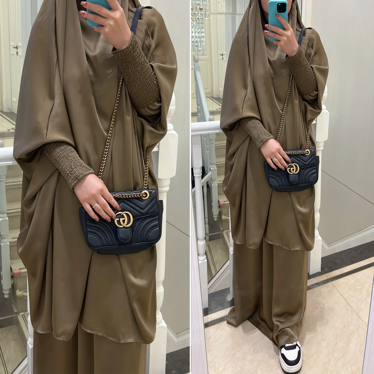 Muslim Satin Abaya For Women Skirt Jilbab 2 Two Piece Set Hooded Abayas Ramadan Eid Prayer Garment Dubai Turkey Islamic Clothing