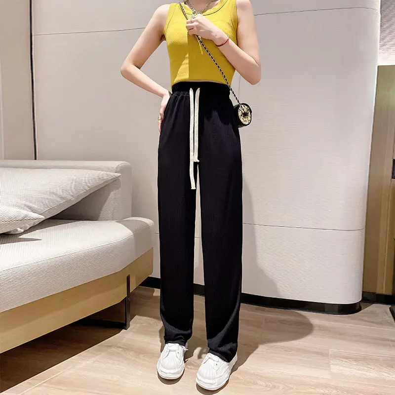 

2022 Spring Summer Women New Loose High Waist Straight Pants Female Solid Sports Trousers Ladies Ice Silk Wide-leg Pants I180