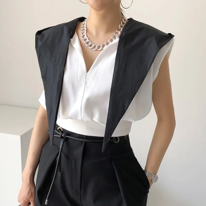 

Women's Hoodies Korean Chic Summer Style Contrast Color Hooded Sleeveless Short Top Design Sense Of T-shirt Fashion Ladies Top