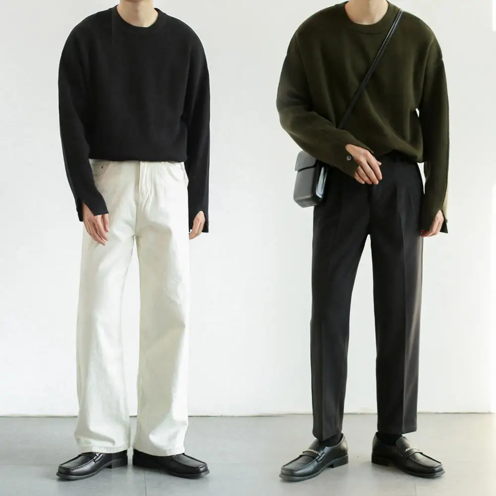 

Men Sweater Thicken Loose Round Neck Split Design Long Sleeves Button Solid Color Autumn Winter Male Knitted Pullover Sweater