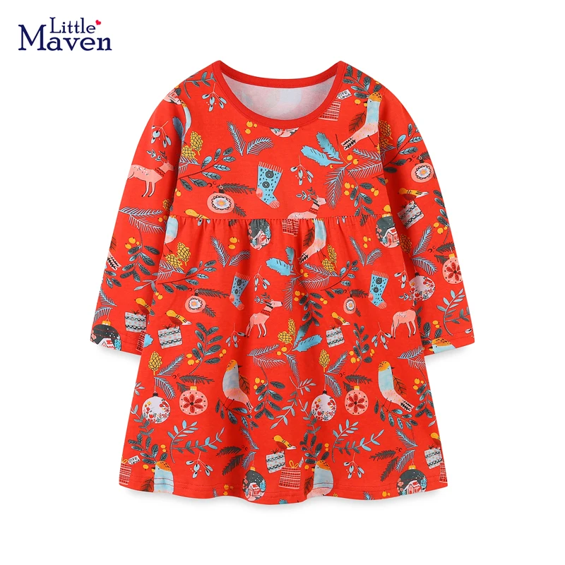 

Little maven Girls Long Sleeve Dress It is a Christmas Red Dress for Girls Animal Birds Print The Fancy Dress for Girls Clothes
