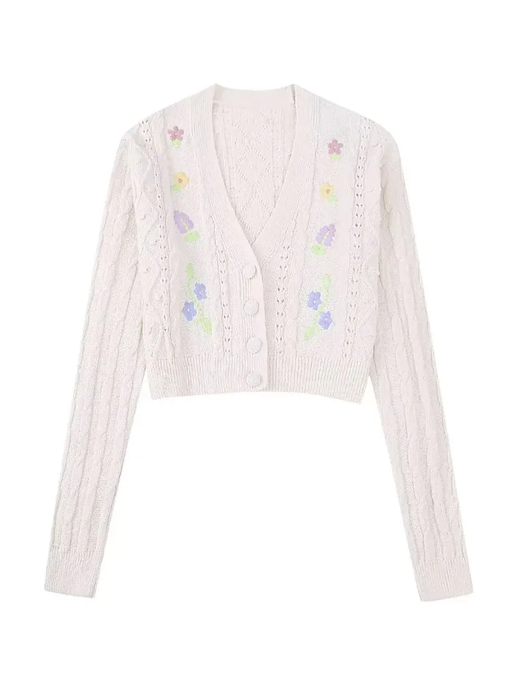 

Женский вязаный кардиган с цветочной вышивкой, Элегантный Повседневный свитер TRAF, весна-лето 2023