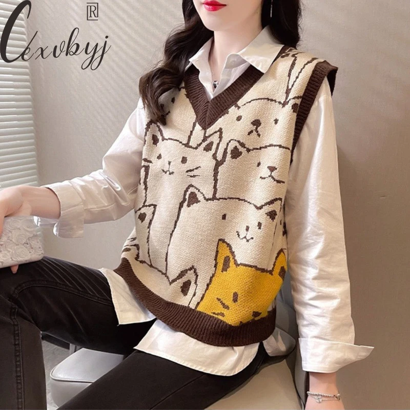 

Women'S Cat Print Knit Vest Fashion Fall Winter Sleeveless Sweater Waistcoat Preppy Style V-Neck Kawaii Clothes Cute Jumper 2022
