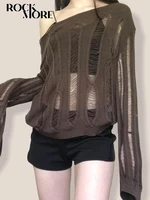 rockmore hollow out tassel pullover y2k aesthetic brown long sleeve knitted women tops sexy vintage sweaters 2000s grunge korean