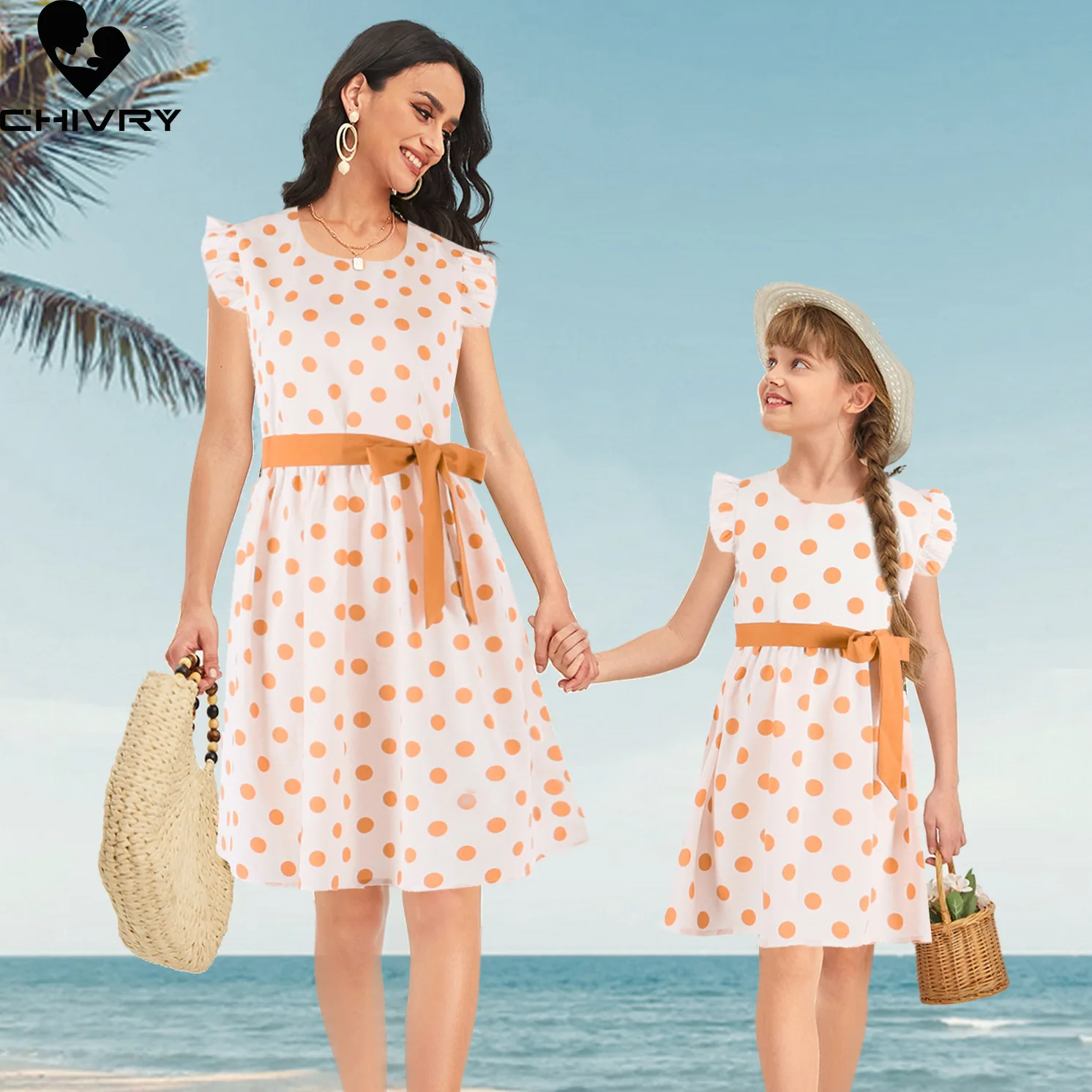 

Chivry New Mom and Me Summer Dress Mother Daughter O-Neck Ruffles Flutter-sleeve All Over Dots Beach Dresses Family Matching