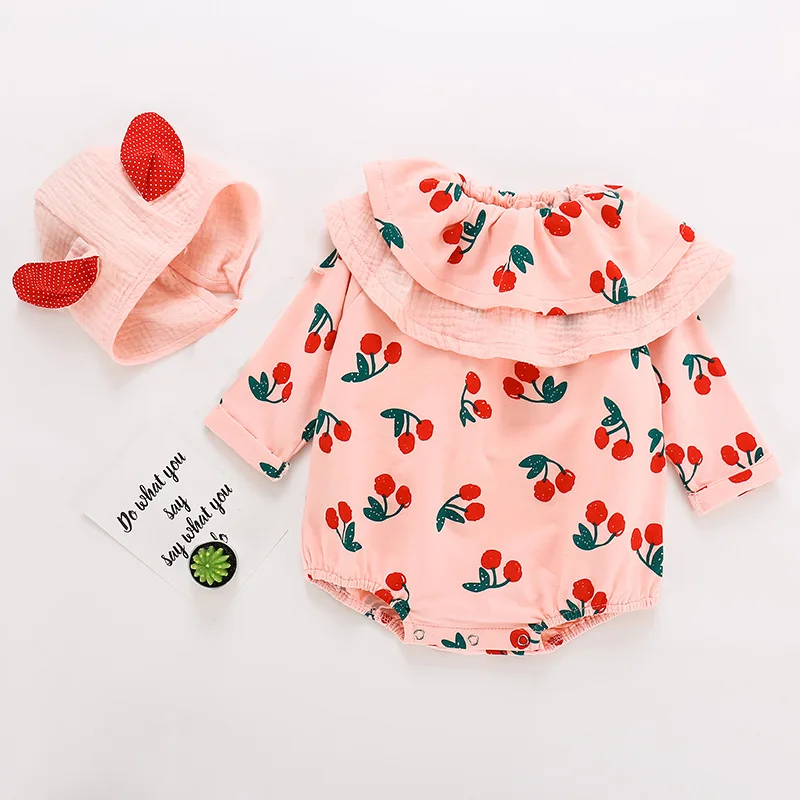 RiniKinda 2022 Autumn Newborn Toddler Girls Bodysuits Infant Baby Girl Print Bodysuit Jumpsuit Outfits Hat Casual Clothes