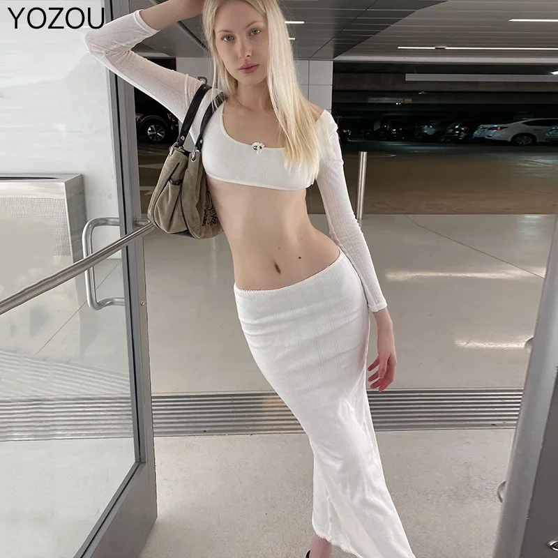 

YOZOU осень 2022 г., Y2k, комплект из 2 предметов, женское белое платье с открытой спиной, шнуровкой и длинным рукавом, коротким топом и юбкой макси для женщин