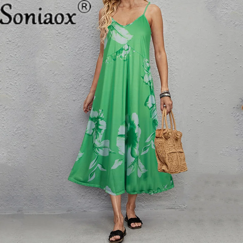 

2022 Women Floral Print Casual Maxi Dress Summer Sexy V-Neck Suspenders Long Dresses Female Elegant Bohemian Party Dress Vestido