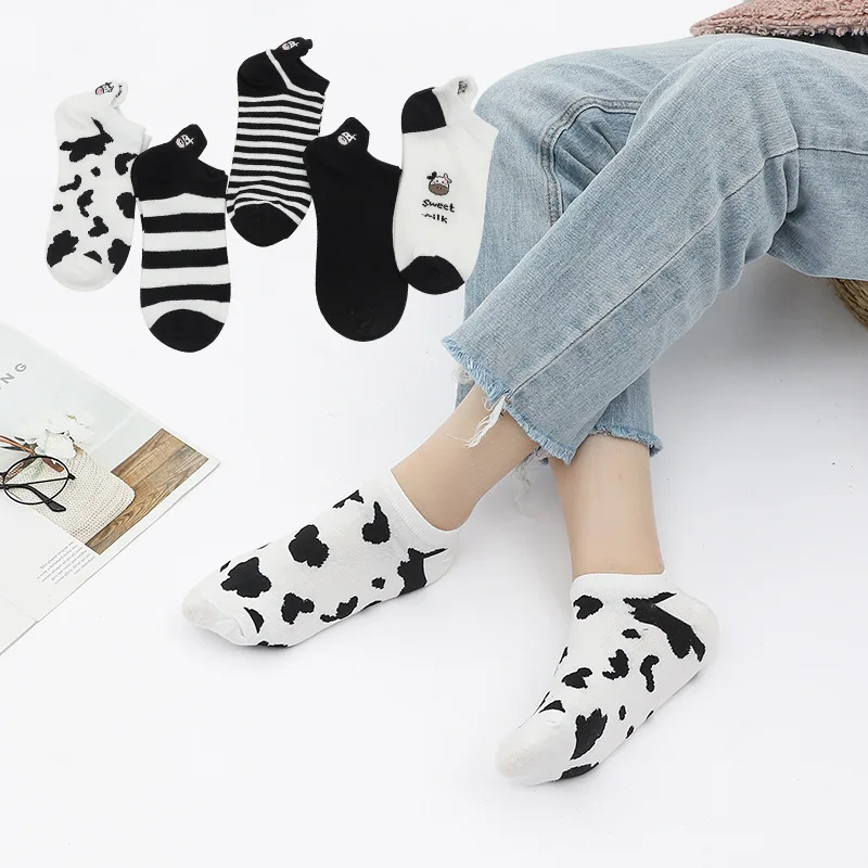 Cow Cartoon Socks Cute Socks Women Black and white Sweet Japanese Short Tube Socks Embroidered Striped Cartoon Boat Socks
