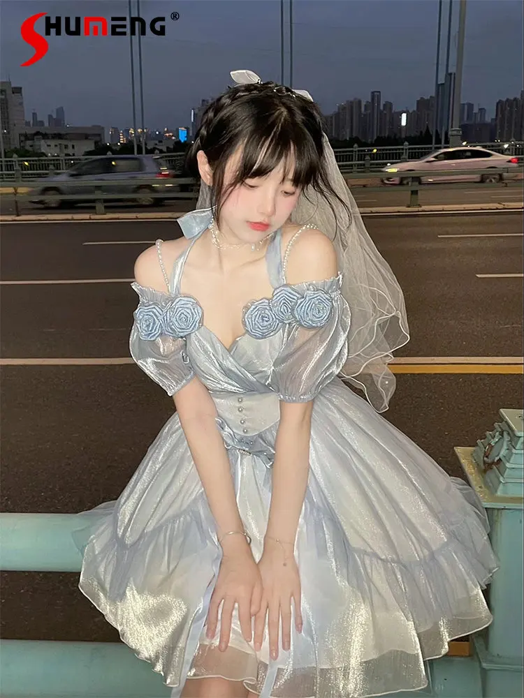 

Sweet Gradient Blue Lolita Rose Flowers Dress Female 2023 Elegant Fairy Princess V-neck High Waist Short Sleeve Dress for Women