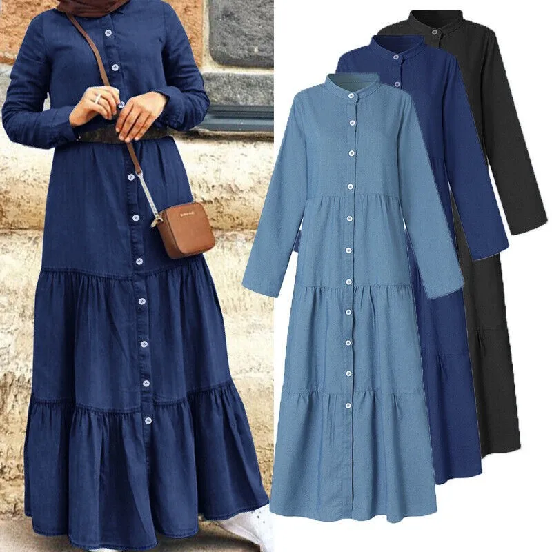 

Solid long Sleeve Dresses For Women Muslim Button kaftans Standing Collar Casual Abaya Hijab Clothing Evening Dresses Elegant
