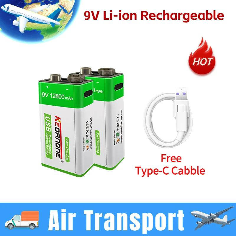 

Air Transport 12800mAh Type-C USB 9V Li-ion Rechargeable Battery For Smoke Detector Electric Guitar Multimeter