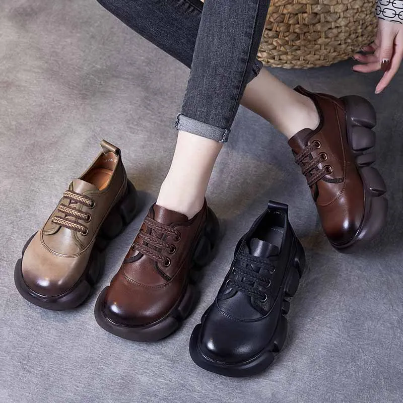 

5CM Platform Shoes Women Genuine Cow Leather Round Cross Tied Closure Chunky Sole Lady Casual Loafers Handmade Walking Sneakers