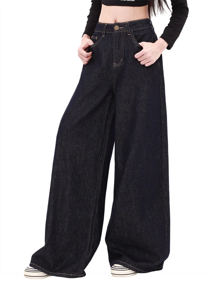 Женские темно-синие прямые джинсы с высокой талией широкая уличная одежда крутые