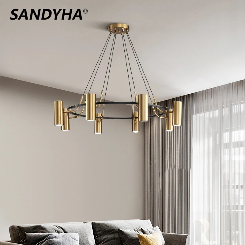 

SANDYHA Chandelier Modern Copper Ring Spotlight Pendant Light Led Lamp for Living Room Lustre Salon Design Luxe Home Decoration