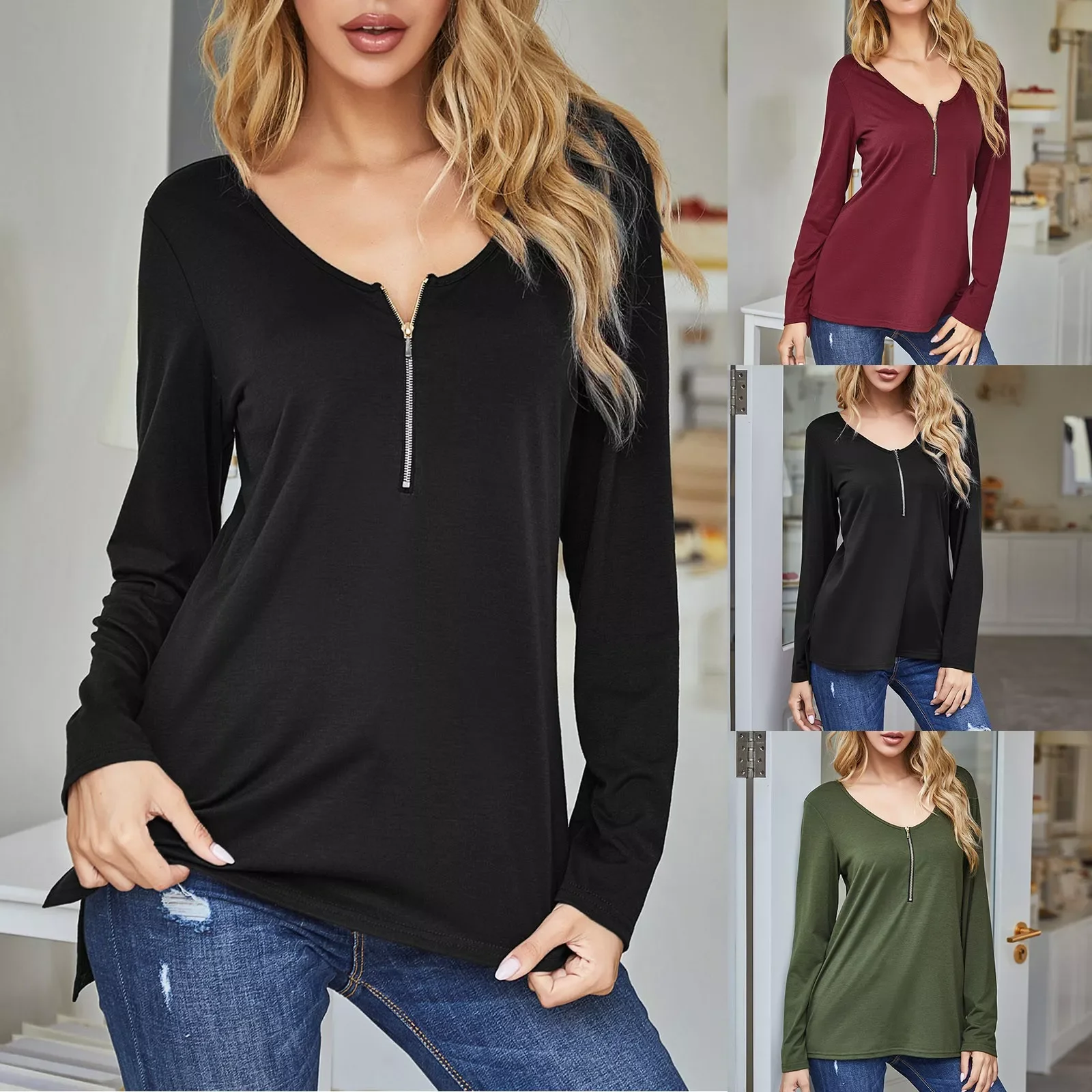 

Small Long Sleeve Shirt Womens Casual V Neck Zip T Shirts Loose Tops Long Tops Cover Ups Clothe Pack