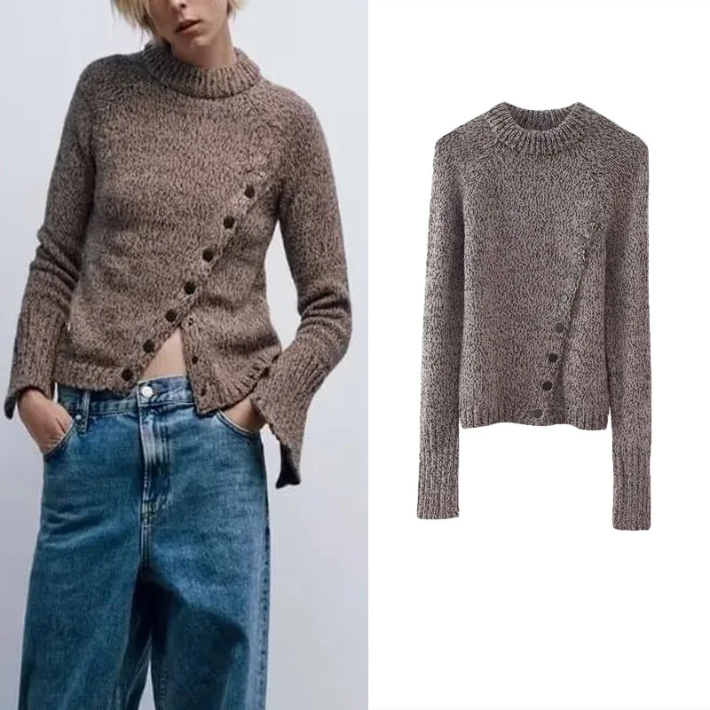 

2023 TRAF Twisted Yarn Sweater Women Chic Asymmetric Side Button Knit Top Female Vintage O-neck Long Sleeve Knitted Pullover