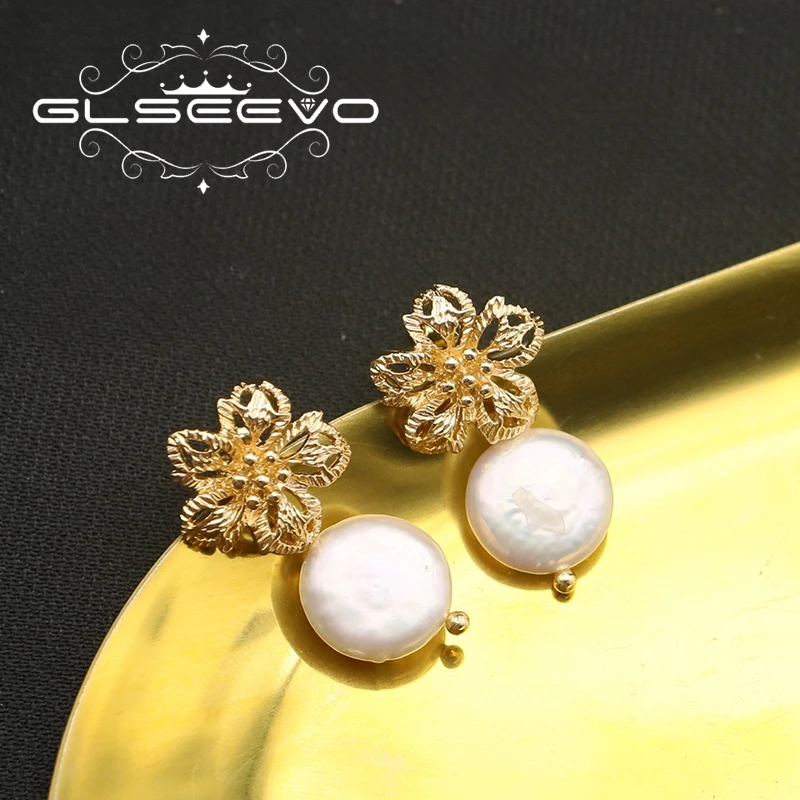 Модные полые металлические цветы GLSEEVO барокко жемчуг женские серьги-подвески