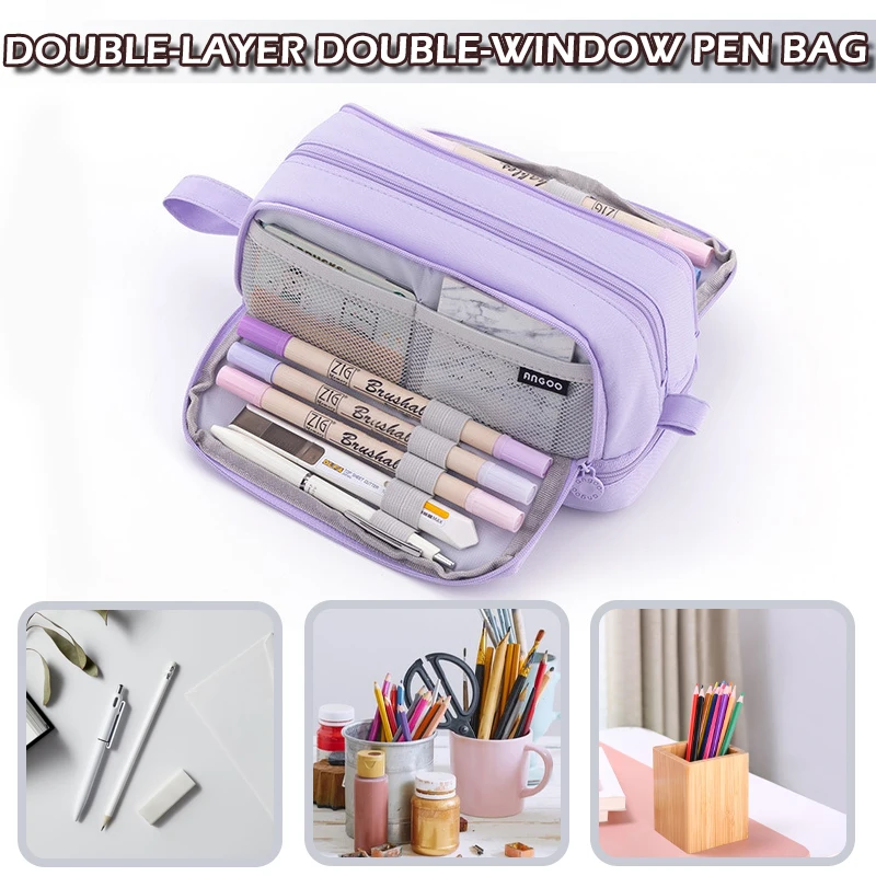 

Large Capacity Pencil Case 3 Compartment Pouch Pen Bags Double Side Opening Student Stationery Organizer School Supplies