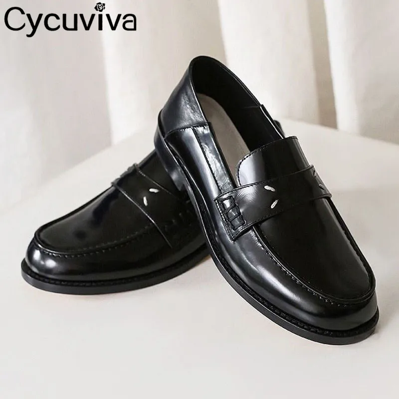 

Black Real Leather Flat Casual Shoes Woman Round Toe Mules Ladies Loafer Shoes Slip On Outwear Women Slippers Ballet Flat Shoes