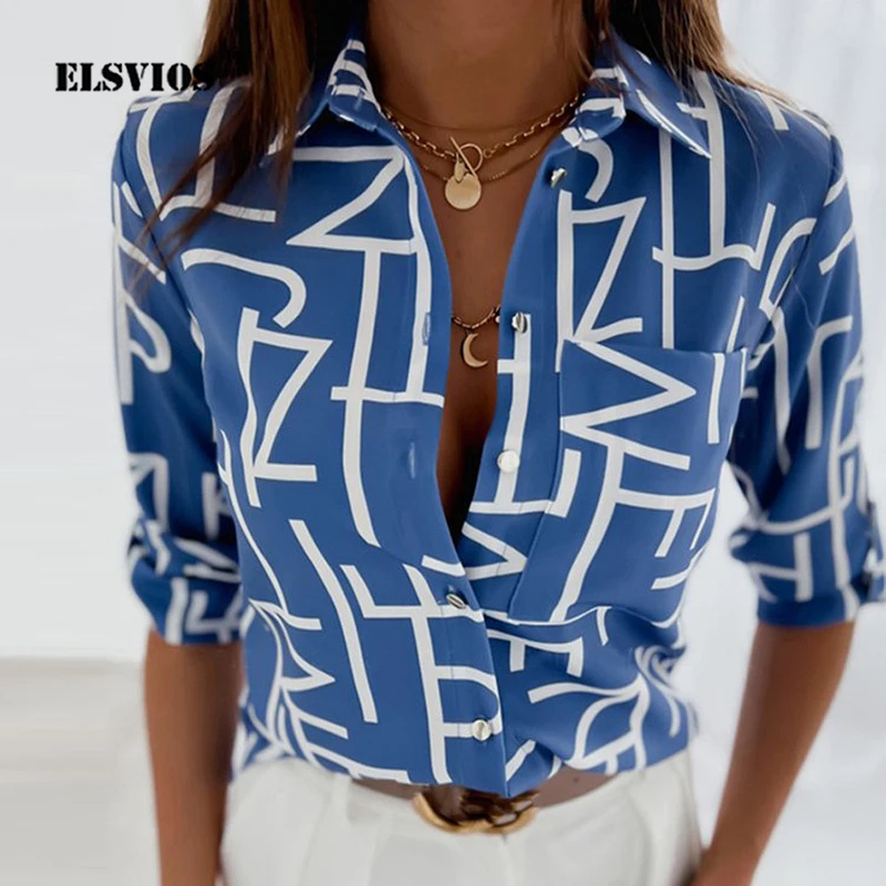 

Женская офисная блузка с отложным воротником, элегантная повседневная рубашка с принтом, новинка сезона весна-осень 2022, женская блузка на пуговицах с длинным рукавом