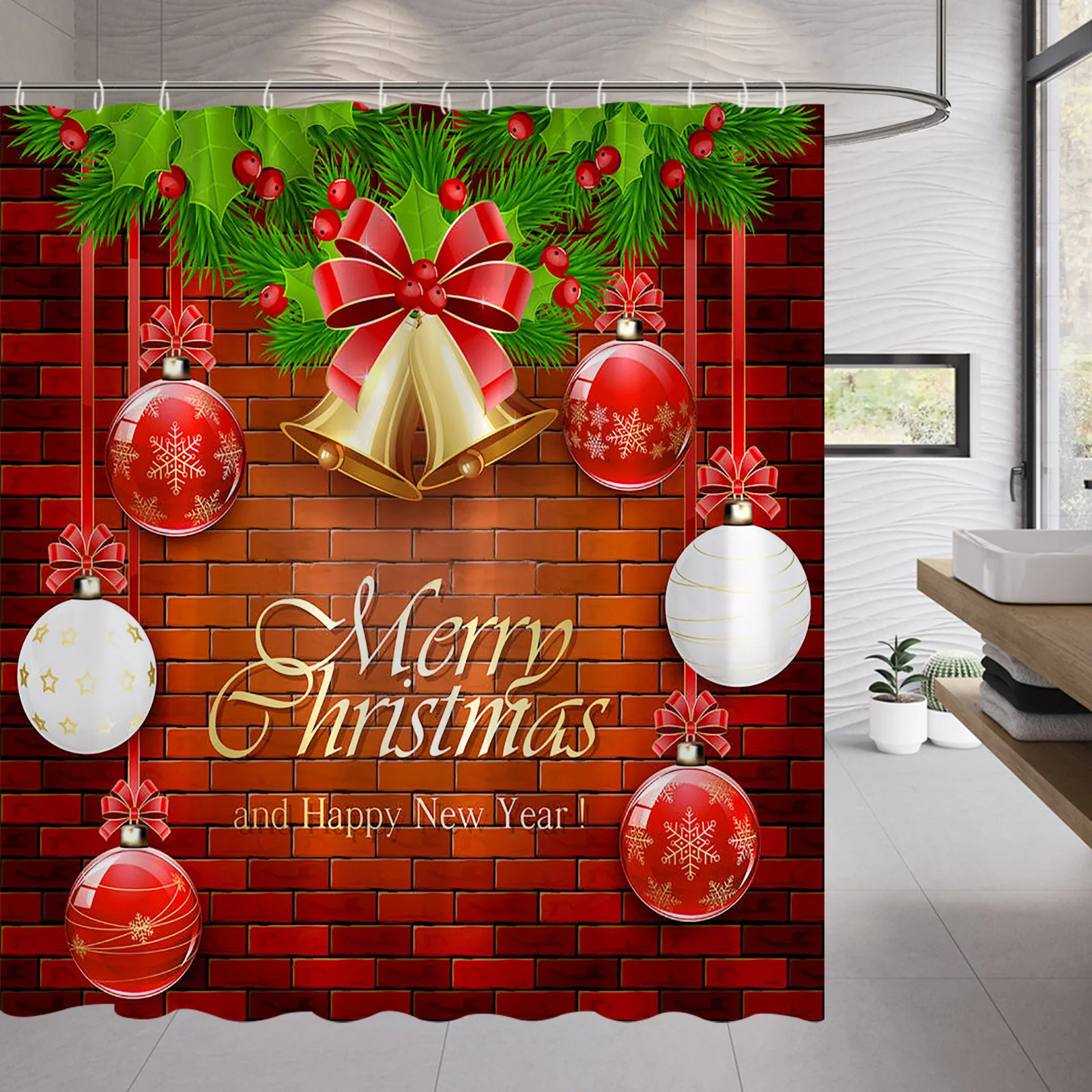 

Рождественская занавеска для душа Красные Белые Рождественские шары колокольчики зеленые листья красный кирпич узор фон новогодний декор ...