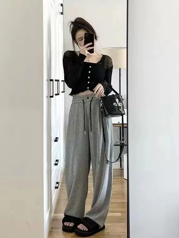 

Korean Version of Black and White Plaid Wide Leg Pants Women's 2022 New Thin Section Loose High Waist Casual Straight Trousers