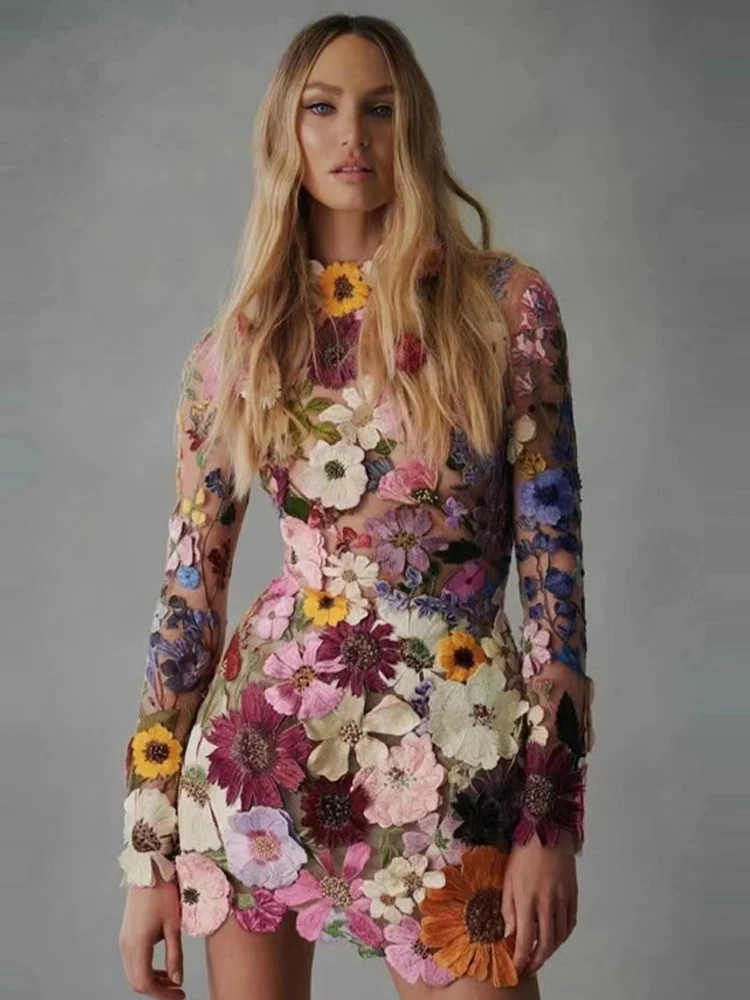 

Мини-платье женское с цветочным принтом, облегающее элегантное осеннее платье с вышивкой, с высоким воротником и длинным рукавом