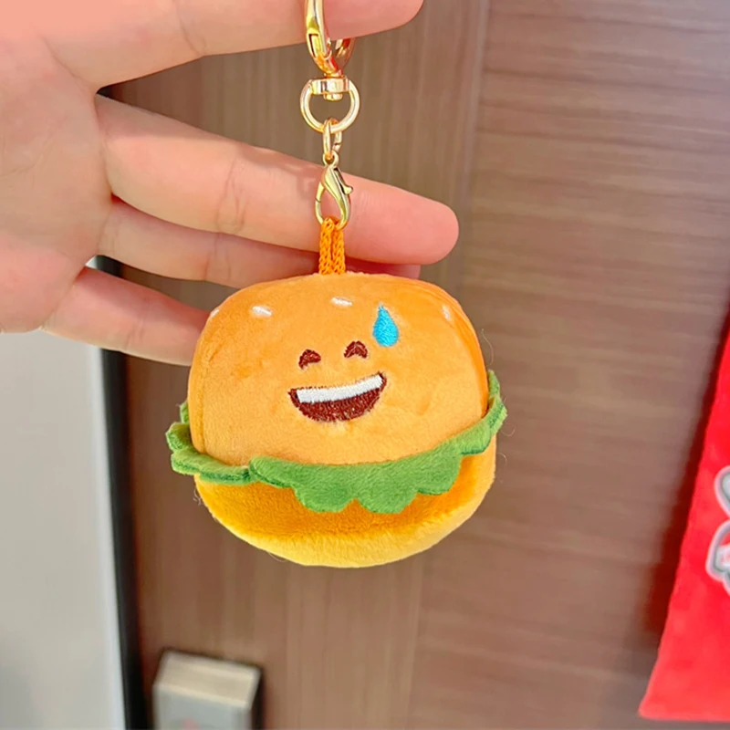 

Cartoon Cute Sweaty Hamburger Plush Doll Keychain Funny Hamburger Plush Charm Fashion Backpack Charm Creative Birthday Gift