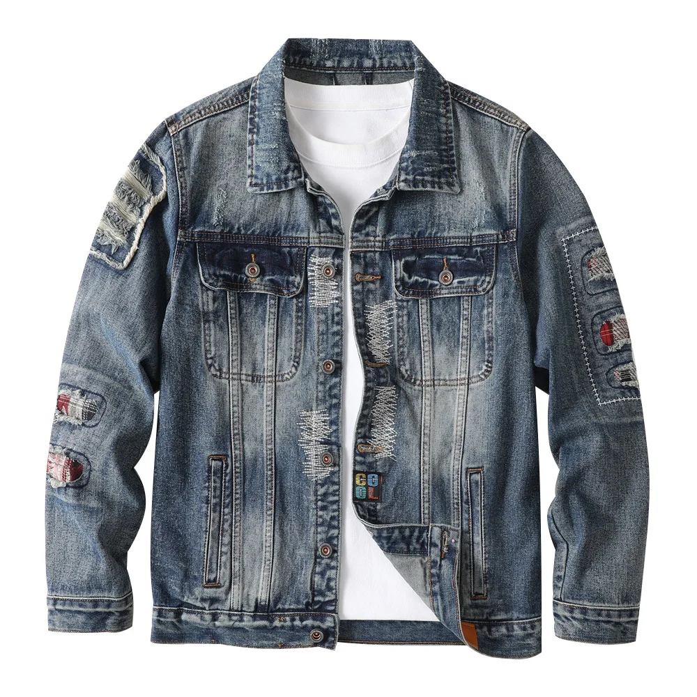 Мужская джинсовая куртка с рваными нашивками уличная одежда потертое хлопковое