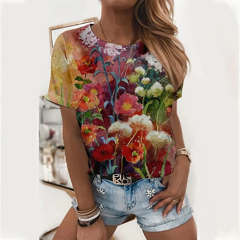 

Short sleeved T-shirt 2022 with 3D flower print, a fashion street T shirt for woman