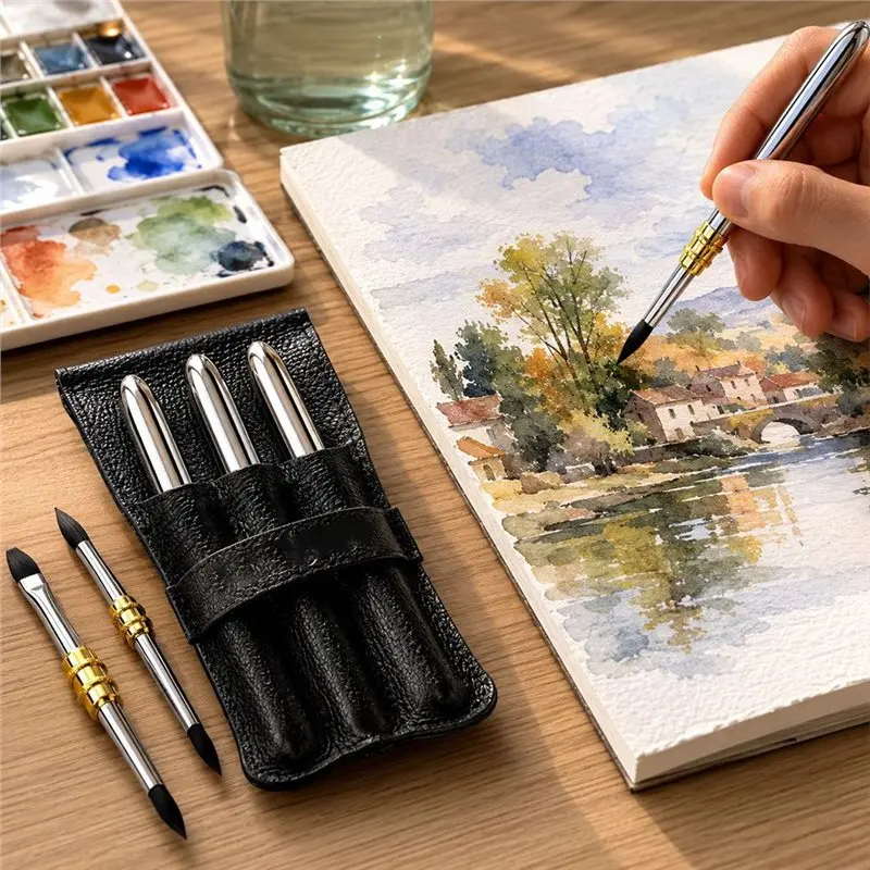 Фото Кисти для акварели MACH-For Plein Air, совместимые с гуашью и чернилами, с двумя наконечниками, для путешествий, набор из 3 штук №3