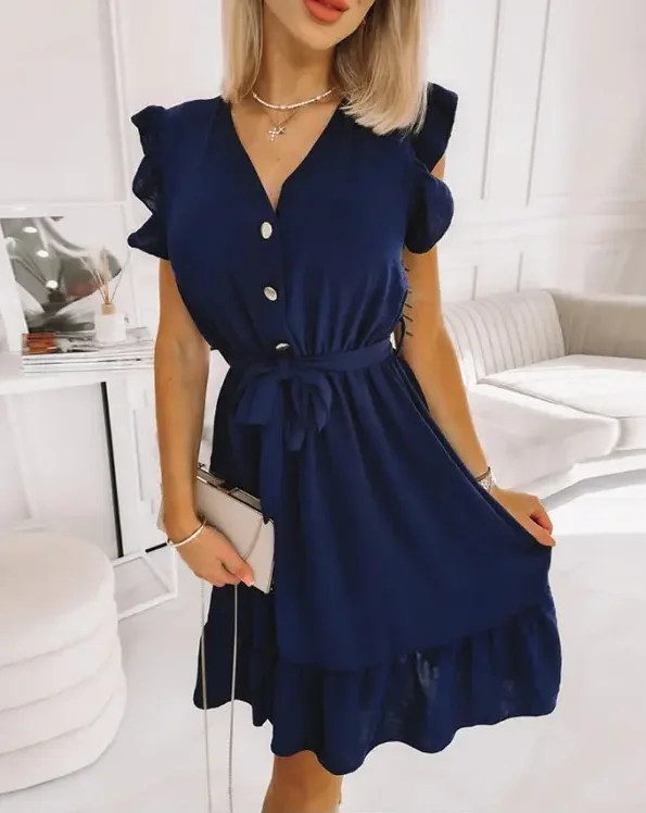 

Elegant Office Lady Mini Dresses Fashion Sexy V Neck Flutter Sleeve Ruffle Hem Belted Casual Dress 2022 Summer Fashion New