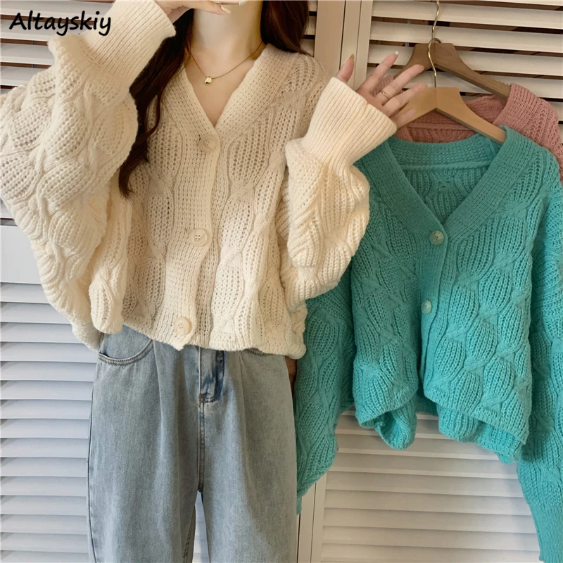 

Cardigan Women Cropped Solid Fall Sweater V-neck Trendy Leisure Tender Lazy Retro Japan Style Loose Temper Holiday College Mujer