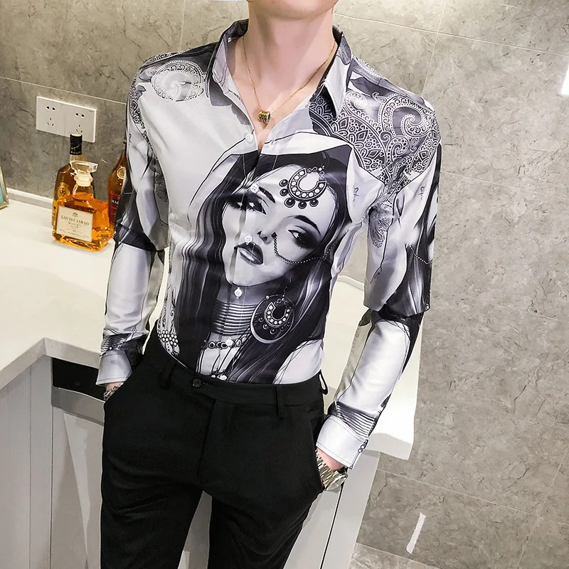 

6XL Mens Casual Vintage Indian Beauty Print Long Sleeve Luxury Shirt 2023 New Fashion Men Hawaiian Slim Fit Shirts Chemise Homme