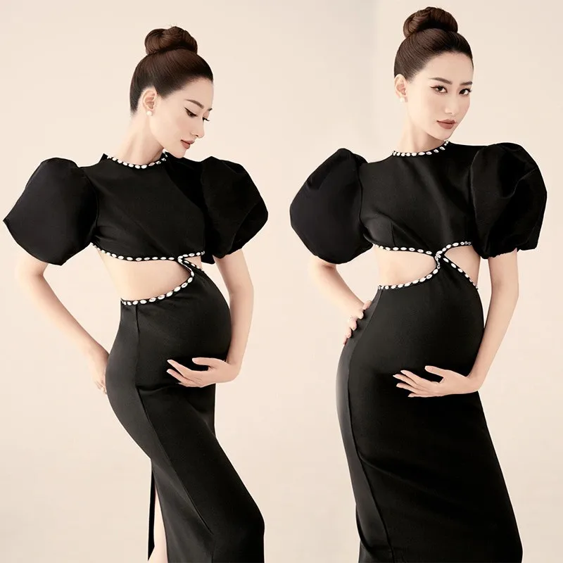 Black Hollow Maternity Photography Dress Bubble Sleeve Waistless Dress Elegant Baby Shower Dress Studio Photo Shoot Clothes