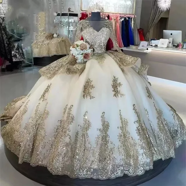 ANGELSBRIDEP Шампанское платье Quinceanera бальное с длинным рукавом блестящее аппликацией