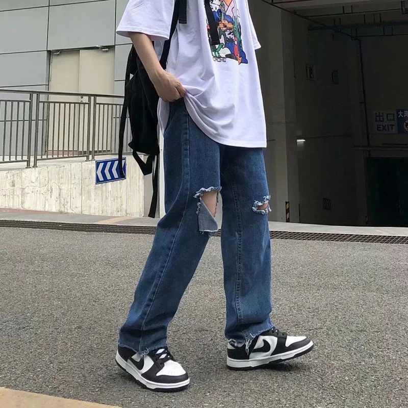 S-5XL Grey/Blue Ripped Jeans Men Fashion Retro Straight Jeans Men Streetwear Loose Hip Hop Ripped Hole Denim Pants Mens Trousers