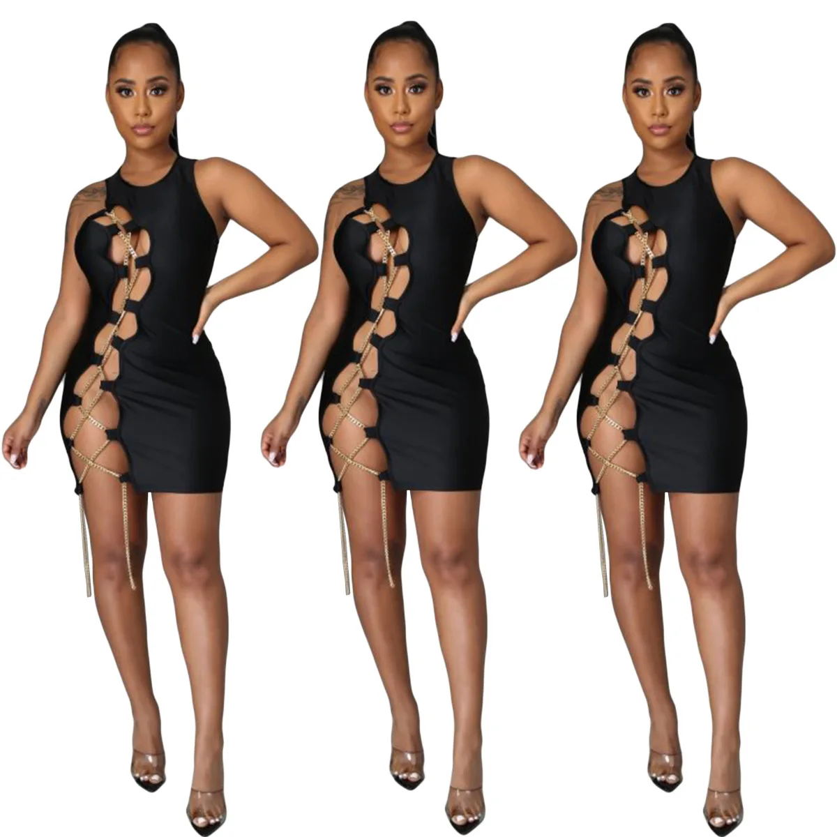 

Solid Color Dress Sleeveless Women's Golden Chain Bundle Sexy Nightclub Skirt