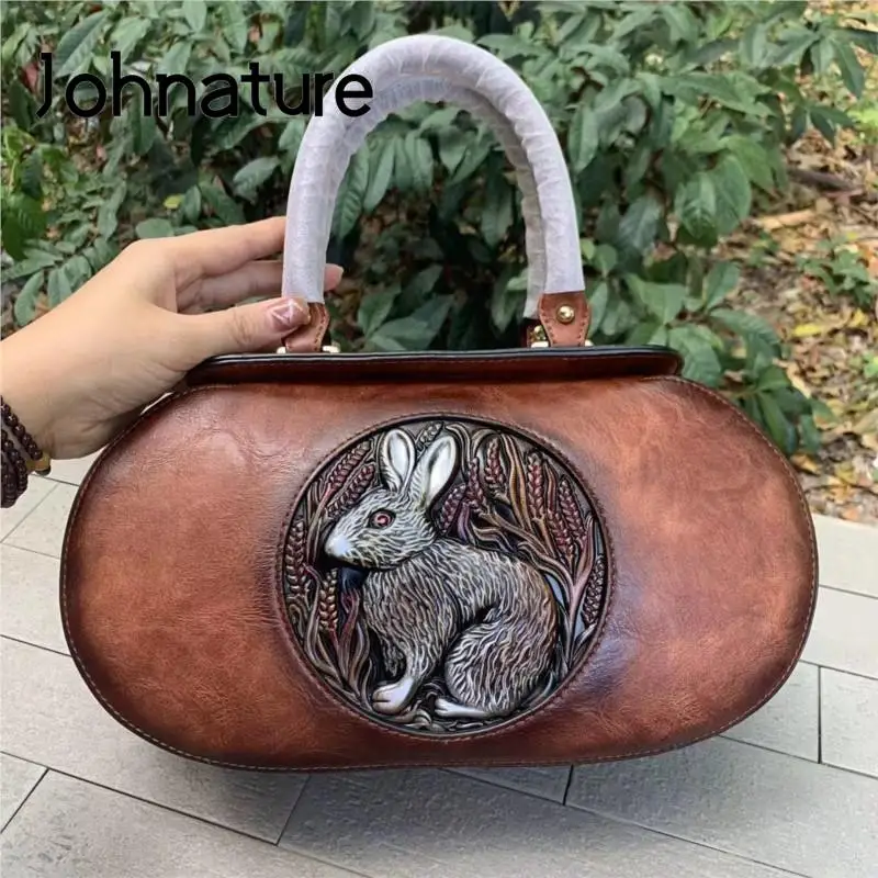

Johnature Retro Women Leather Bag 2023 New Rabbit Carving Handbag Versatile Handmade Casual Shoulder & Crossbody Bags