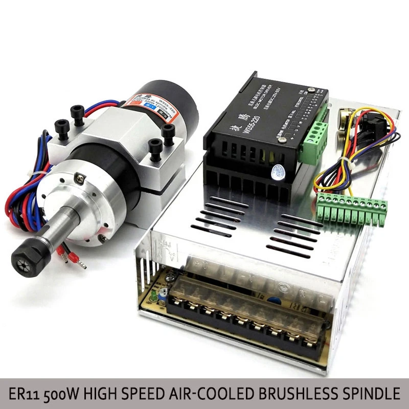 

500W/0.5KW ER11/ER16 Brushless DC Spindle Motor+52MM Clamp with Screws+20-50VDC Stepper Motor Driver+48VDC 12A Power Supply