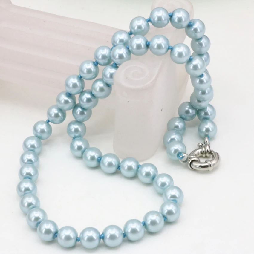 

Hot sale light sky blue shell round simulated-pearl 8mm beads necklace for women clavicle chain chokers diy jewelry 18inch B3217
