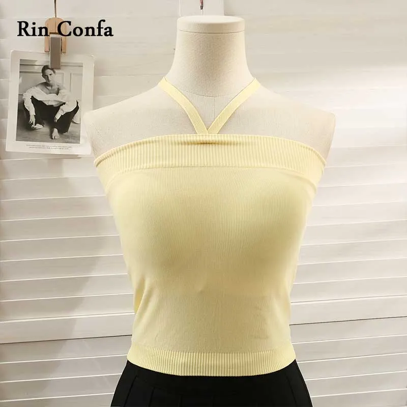 

Rin Confa Korean Fashion Bowknot Frenulum Halter Small Vest Pure Colour Slash Neck Sexy Crop Tops Chic Short Slim Top Women