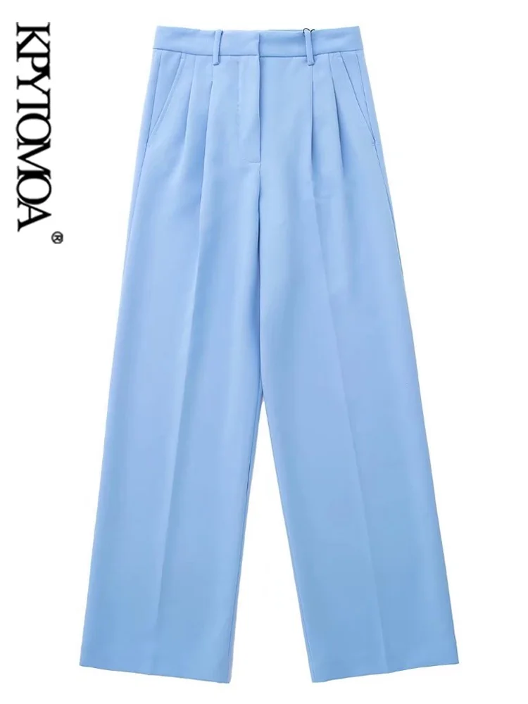 

KPYTOMOA Women Fashion Side Pockets With Darts Wide Leg Pants Vintage High Waist Zipper Fly Female Trousers Mujer