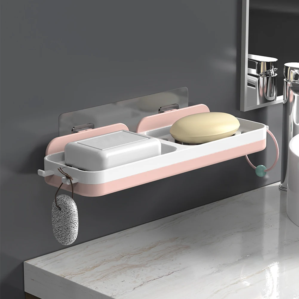 

New Arrival Wall-Mounted Soap Holder Dishes Soap Box Storage Bathroom Accessories Punch-Free Dual Soap Holder With Hook