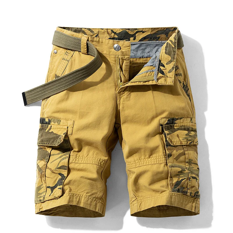 

Mens Cotton Belted Cargo Shorts Straight Leg Multi-pocket Cropped Pants