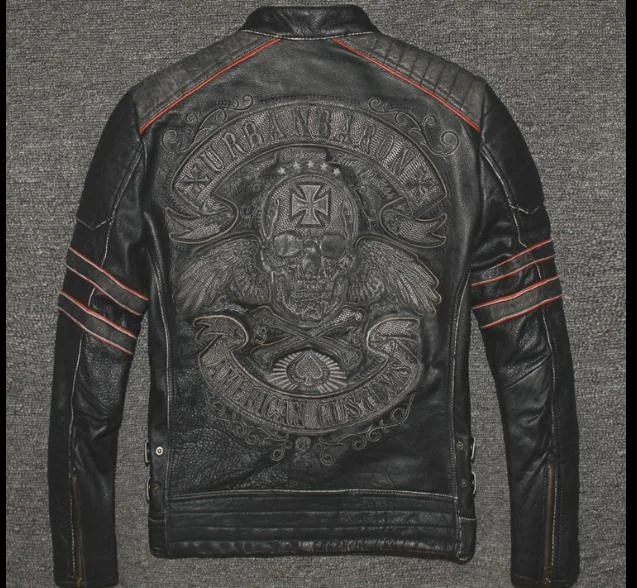 plus Free Brand shipping.DHL sales size black men skull leather Jackets men's genuine Leather biker jacket.motorbiker coat